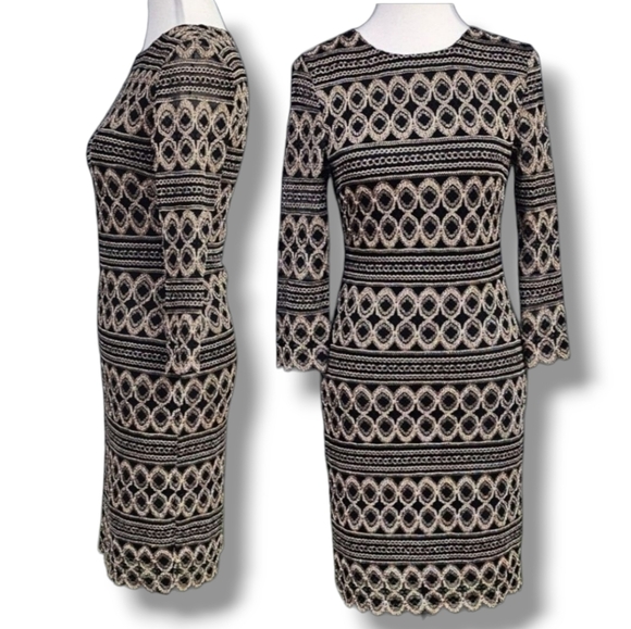 CACHE | CROCHETED LACE COCKTAIL BODYCON QUARTER SLEEVE DRESS - Picture 2 of 16